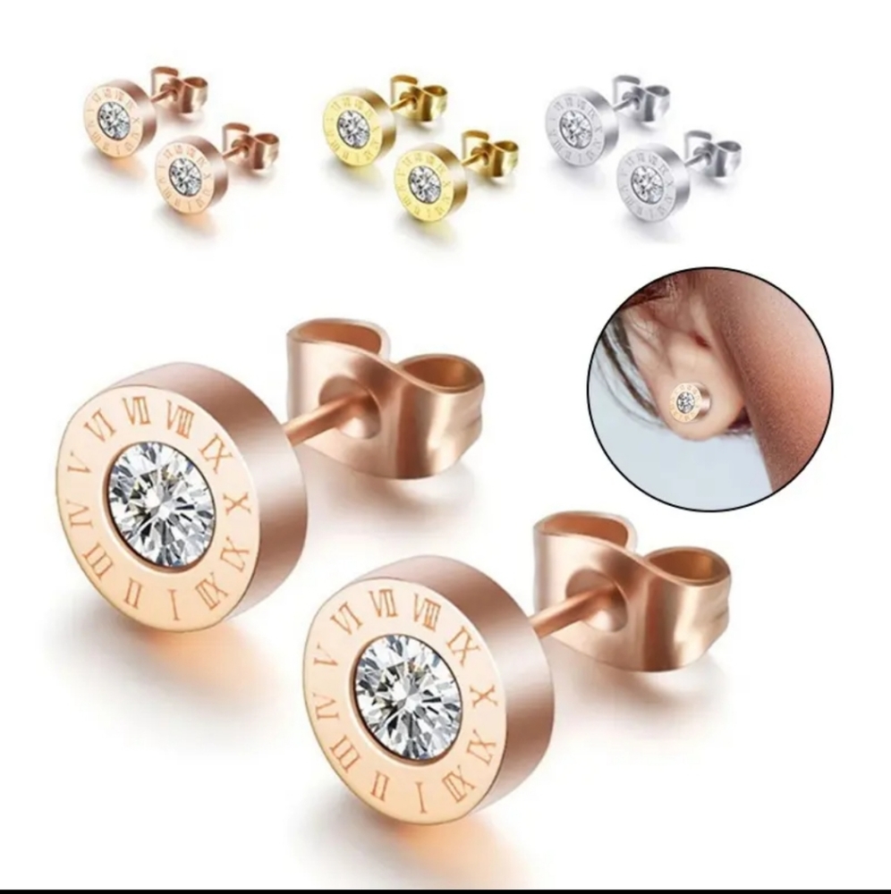 925 Silver Plated Stainless Steel Round Cut Zircon Roman Numerals Stud Earrings. - Picture 4 of 5
